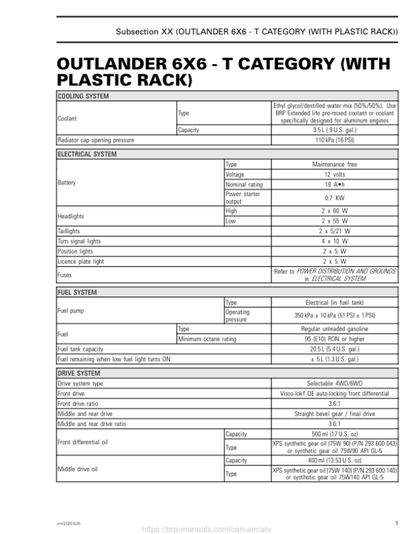 ATV 2020 Tech Specs Outlander 6x6 (Plastic Rack) T Category Shop Supp vmr2020 025 Manual