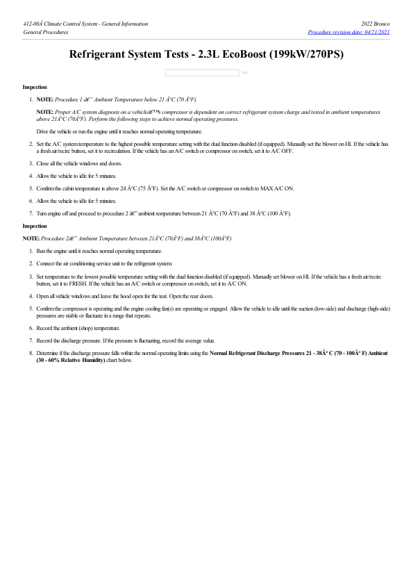 Refrigerant System Tests 2.3L EcoBoost (199kW 270PS) G2229740 Manual