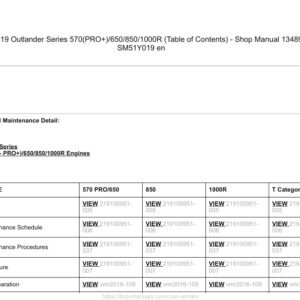 2019 ATV Outlander Series 570(PRO+) 650 850 1000R Engines (Table of Contents) Manual