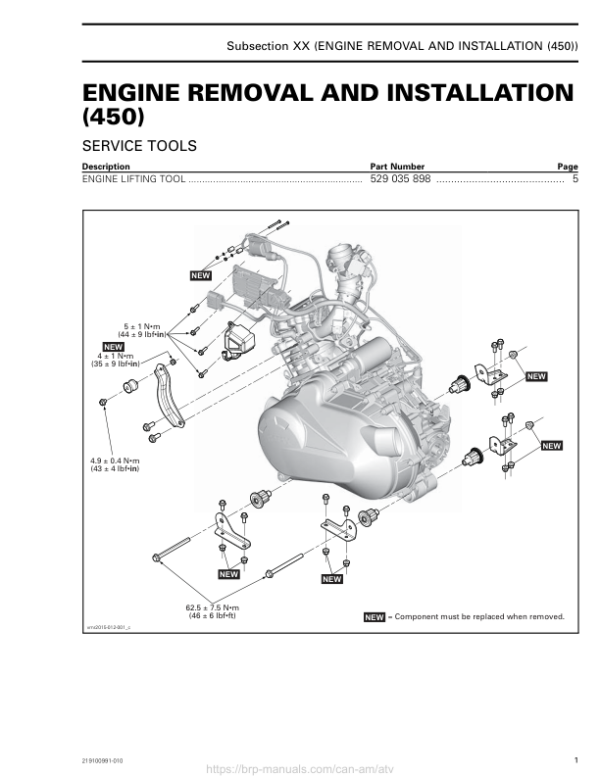 ATV 2019 Engine Removal and Installation (450) Outlander 6x6 Shop Supp 219100991 010 Manual