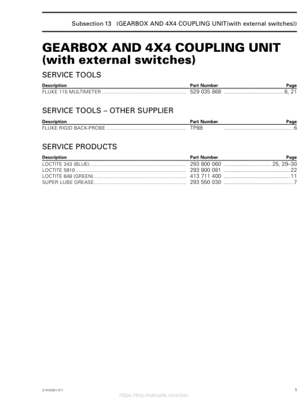 SSV Gearbox and 4X4 Coupling unit EXT Swithes (Defender) Shop supp. 219100901 017 Manual