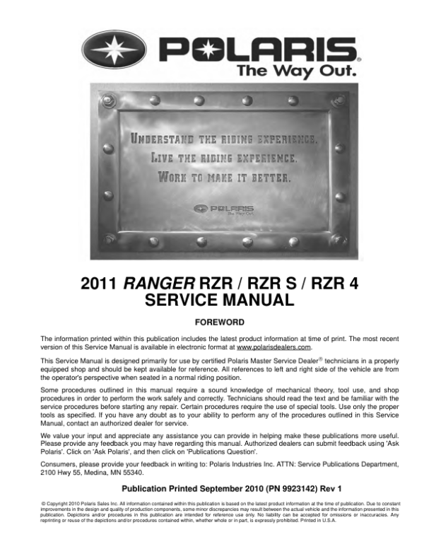 2011 Polaris Ranger RZR S Manual - Image 2