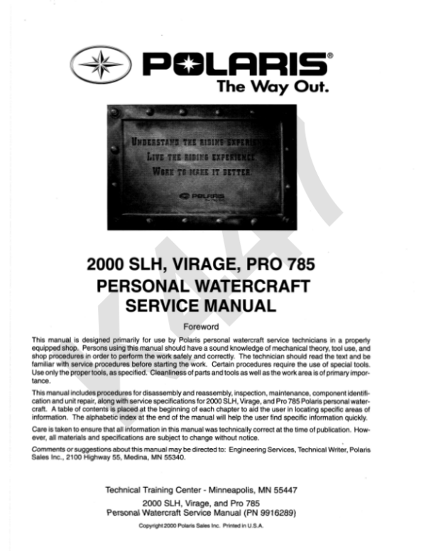 2000 Polaris 19245462 PSVP7PRM2O Slh Virage Pro 785 Pwc Repair Onwards pdf Manual - Image 2