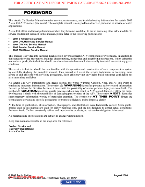 2007 arctic cat 400 500 650 700 pdf Manual