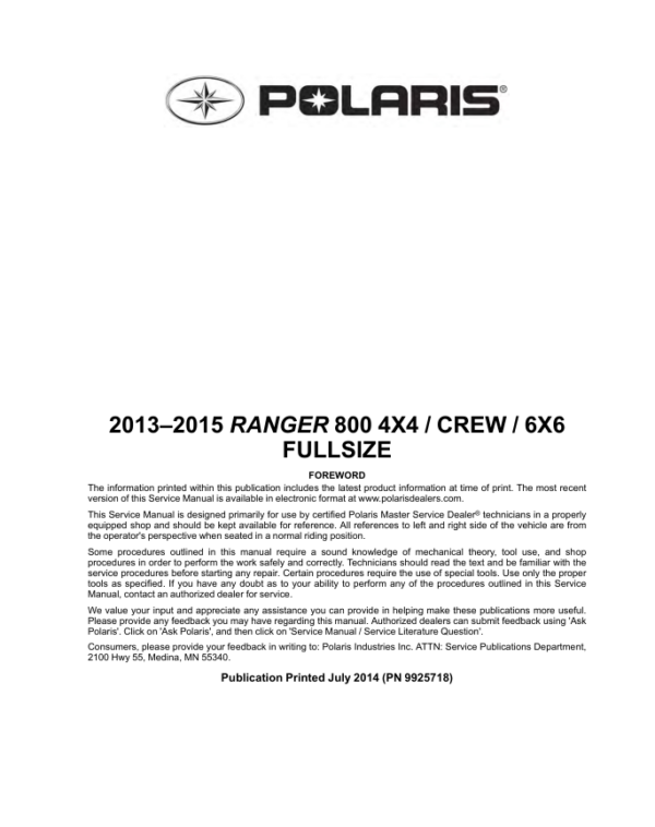 2013-2015 Polaris Ranger 800 4X4 Crew 6X6 SM 04670 Manual