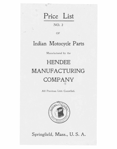 1906 Indian RS325 Indian Motocycle Price List No 2 A1b [325] Manual