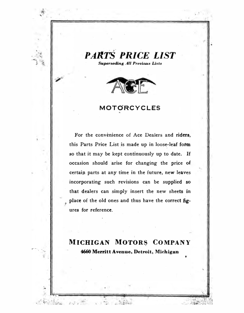 1920-1927 Ace RS8 Ace Four Cylinder Motorcycle Parts List [8] Manual