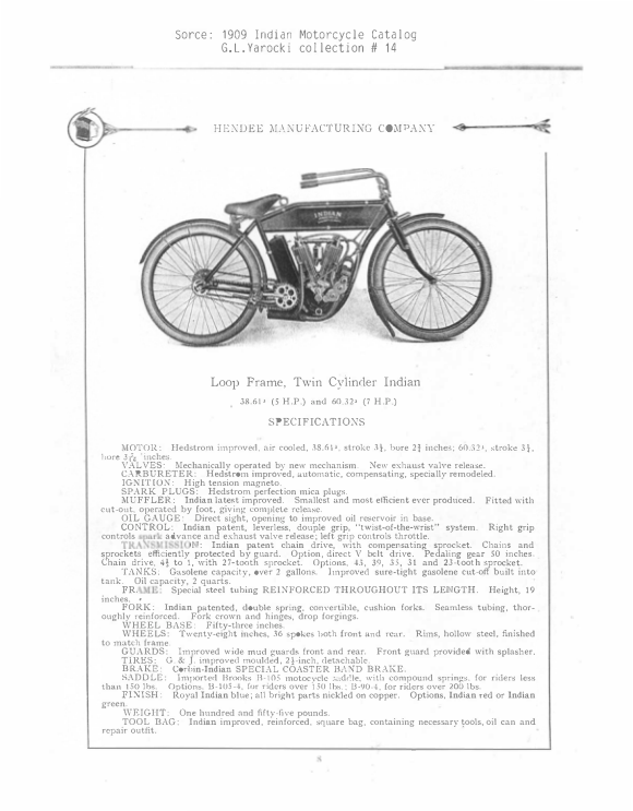 1909 Indian RS333 Clippings from Indian Sales Catalog with some bike specifications A1b [333] Manual