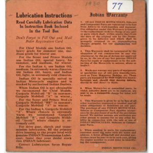 1930 Indian RS453 Indian Instruction Card and Warning A1b [453] Manual