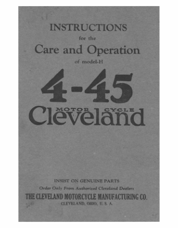 1927 Cleveland RS33 Instructions for Care and Operation of model H 4 45 Cleveland Motorcycle [33] Manual