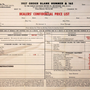 1957 H RS626 D Order Blank Hummer and 165 [626] Manual