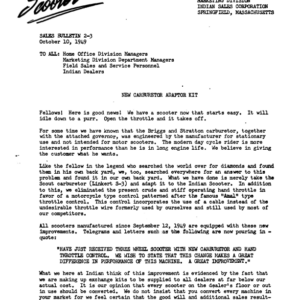 1950 Indian RS572 Indian Sales Bulletin 2 3, October 10, 1949, Indian Scooter Carburetor Adapter Kit A1b [572] Manual