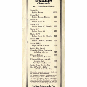 1927 Indian RS424 Indian Price List A1b [424] Manual