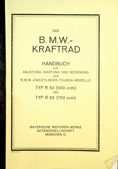 BMW RS852 19xx R52 R62 Handbook [852] Manual