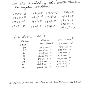 1909-1949 Indian RS341 Indian Model and Motor Serial Numbers Hand Written A1b [341] Manual