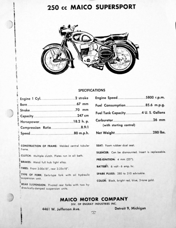 Maico RS805 196x supersport 250cc spec sheet [805] Manual