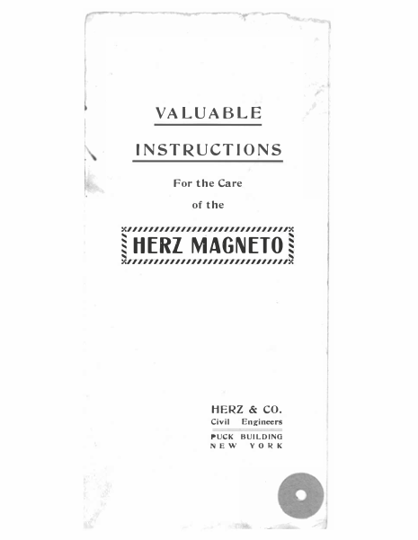 1911 Herz RS185 Valuable Instructions For the Care of the Herz Magneto upload [185] Manual
