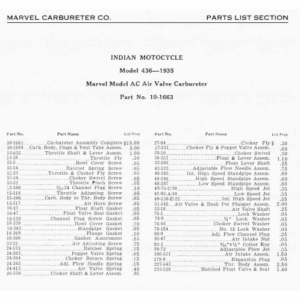 1935 Indian RS487 Parts List for Marvel Model AC Carburetor for Indian Model No 436 A1b [487] Manual