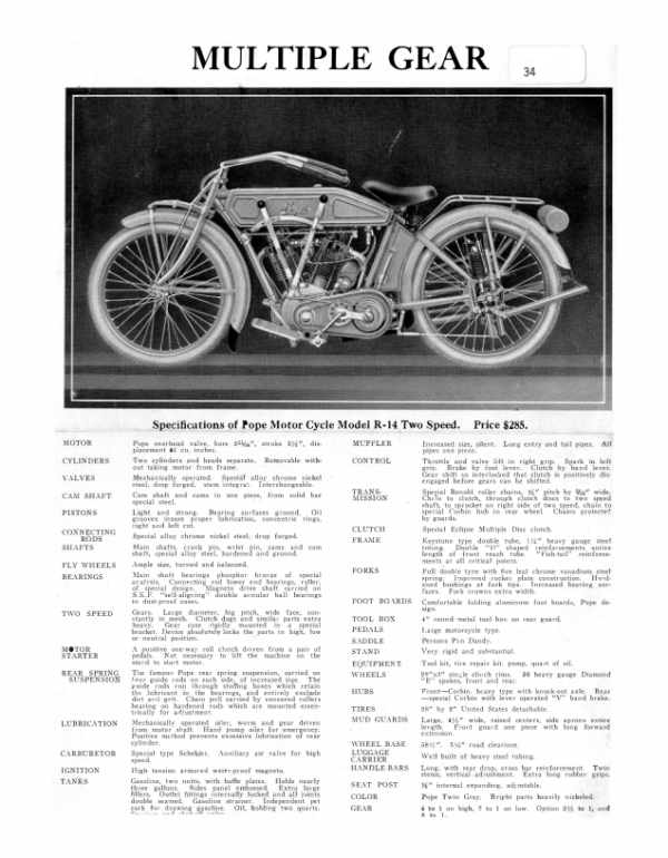 1914 Pope RS154 Pope Motorcycle Brochure [154] Manual