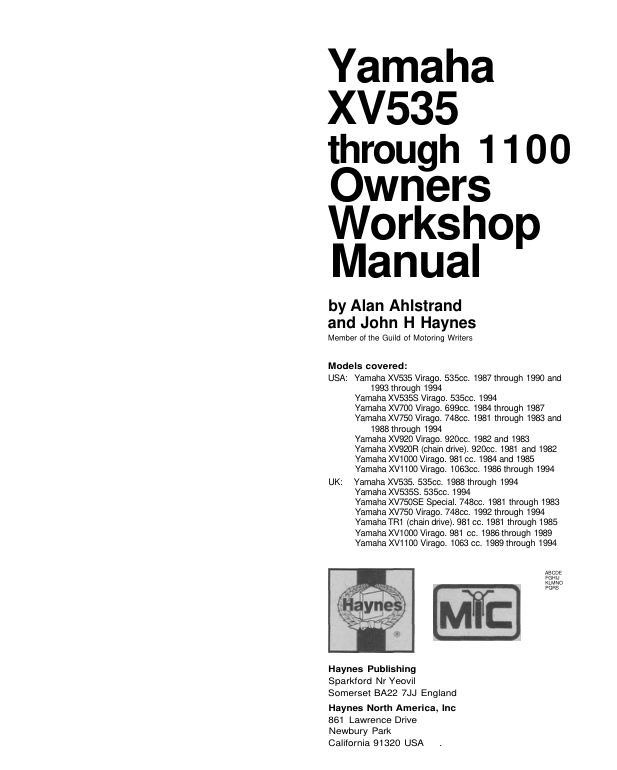 1981-1994 Haynes Yamaha XV V Twins Manual - Image 2