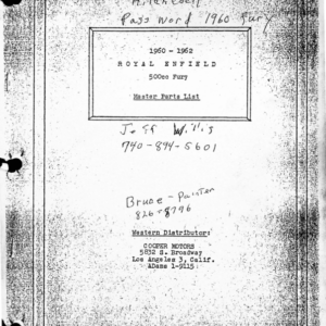 1960-1962 Royal RS665 Enfield 500cc Fury Master Parts List [665] Manual