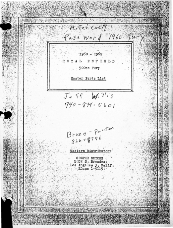 1960-1962 Royal RS665 Enfield 500cc Fury Master Parts List [665] Manual