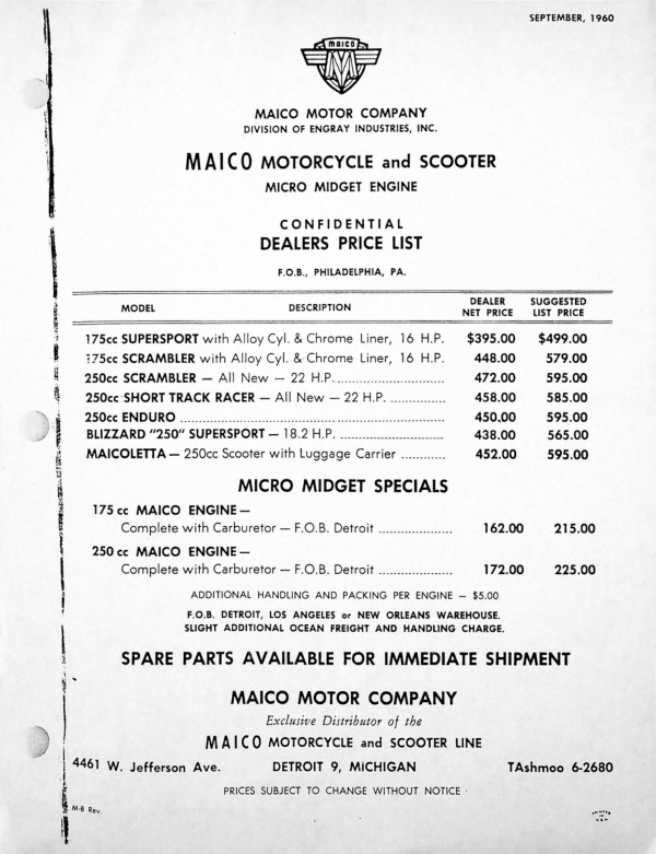 1960 Maico RS807 price sheet [807] Manual