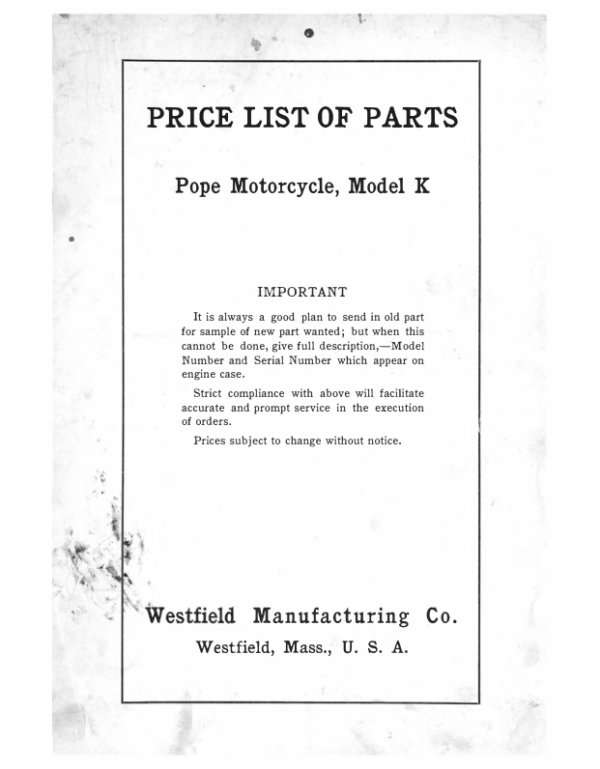 1913 Pope RS153 Price List of Parts Pope Motorcycle, Model K [153] Manual