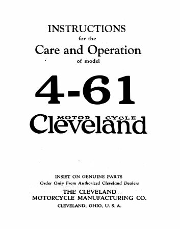 1927 Cleveland RS32 Instructions for Care and Operation of model 4 61 Cleveland Motorcycle November [32] Manual