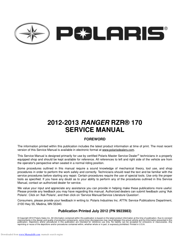 2012-2013 ranger rzr 170 Manual